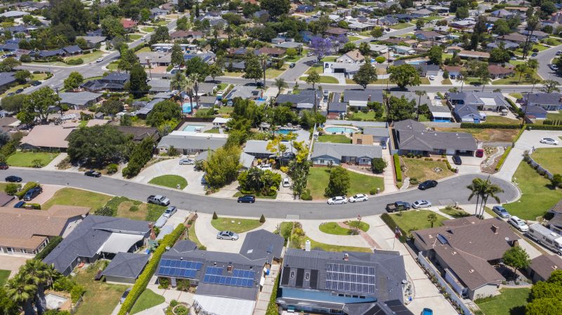 Day time aerial view of a suburban neighborhood in Whittier, California.
